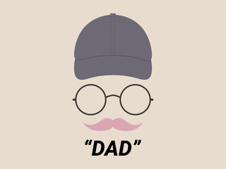 A minimalist illustration of a dad hat, glasses, and pink mustache simple art with round spectacles and a casual cap on beige background, playful and modern.