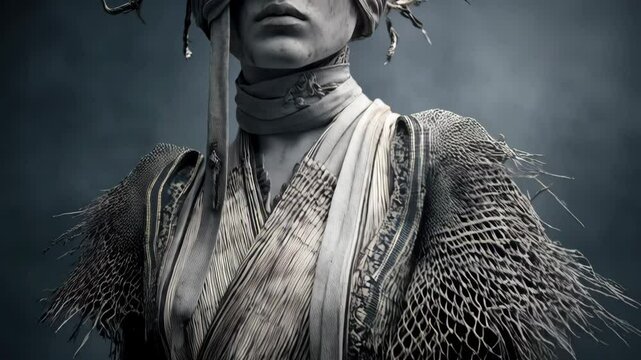 Creative portrayal of a mythological figure in a dark setting with elaborate accessories and unique textures