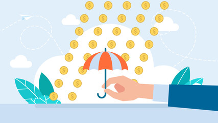 Falling money. Hand holding umbrella protecting from golden rain. Person hold umbrella under money rain. Concept of financial profit, wealth, cash income, win. Flat illustration
