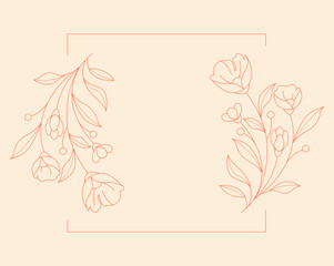 Floral and square hand drawn style. Floral brown frame of twigs, leaves and flowers. Frames for the Valentine's day, wedding decor, logo and identity template.