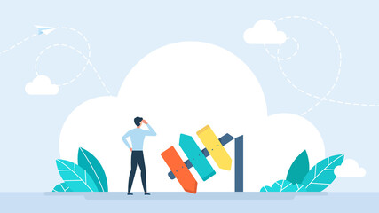 Obraz premium No landmarks. Entrepreneur chooses the path. A man is thinking near the direction indicator. Businessman in front of a choice, chooses the path. Businessman is thinking. Flat illustration