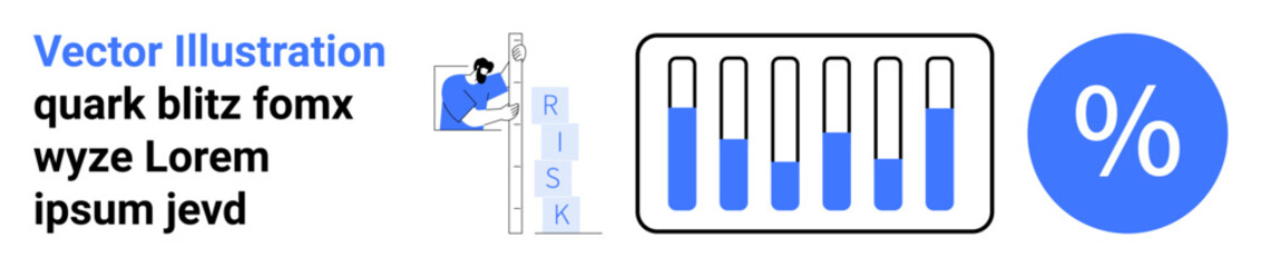 Man climbing ladder beside RISK letters, bar chart showing filled progress bars, percentage on blue circle. Ideal for risk management, analysis, finance, performance, data monitoring, evaluation