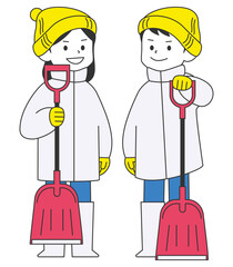 除雪のためのスコップを持つ2人組｜男女