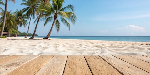Tropical beach scene with wooden deck