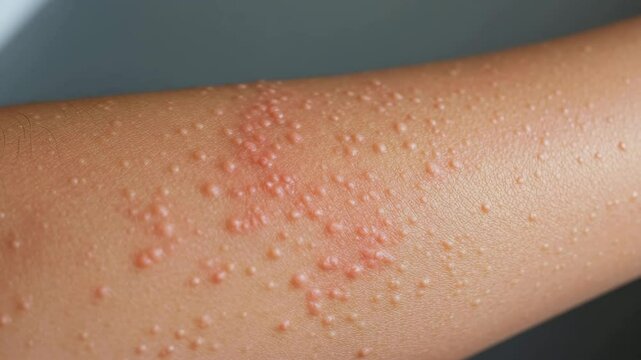 Close-up of skin with red bumps and water droplets on arm  