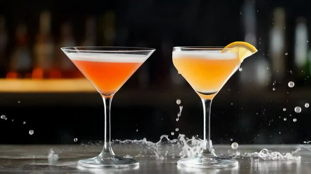 Two refreshing cocktails on bar counter with splash effect and lemon garnish