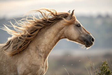 Obraz premium Majestic Palomino Horse with Flowing Mane in Misty Field – Photorealistic 8K Scene with Dramatic Lighting