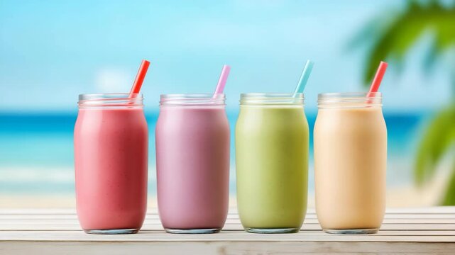 Colorful tropical smoothies on a beachside table with straws