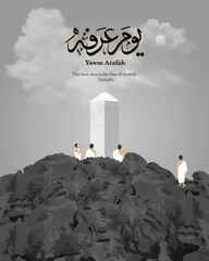 Day of Arafah Hajj Illustration. Muslim pilgrims in ihram gathered in prayer on Mount Arafat (Jabal Rahmah) during the Day of Arafah, symbolising one of Islam’s  holiest moments.