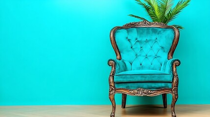 Fototapeta premium Teal Velvet Armchair Against Turquoise Wall