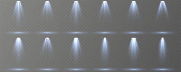Stage spotlights emit strong white directional light beams.
Reflections add depth to spotlight scenes on floor.
Transparent allows seamless web or poster use.
Concert lighting set includes soft beams