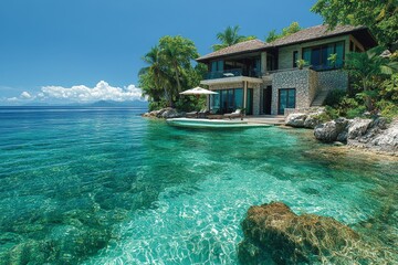 Fototapeta premium Tropical island villa ocean view, clear water, relaxation