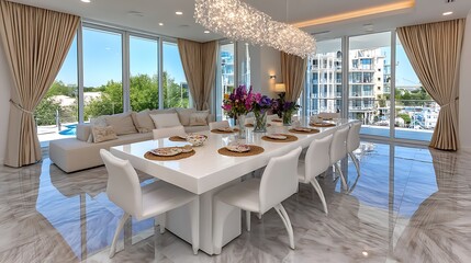 Obraz premium Elegant Modern Dining Room with Scenic View and Chic Decor in Bright Natural Light