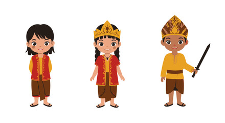 Three children in traditional Indonesian clothing with headwear and sword