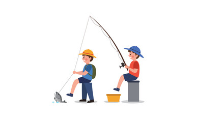 Two Boys Fishing with Rods Hats and a Bucket