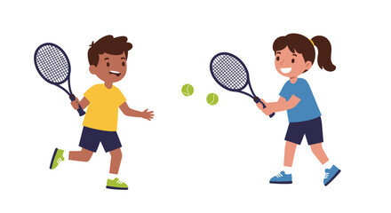 Cartoon Children Playing Tennis with Rackets and Balls