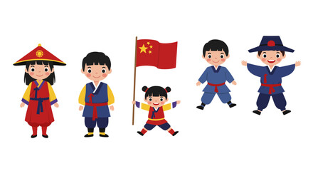 Cartoon Children Wearing Traditional Asian Clothing with Chinese Flag