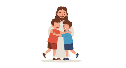 Jesus Christ Hugging Two Boys Cartoon Illustration