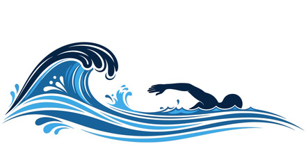 Swimmer Silhouette with Blue Wave Graphic Illustration