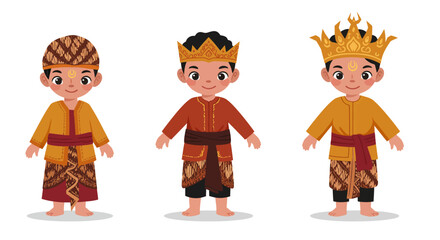 Three Boys in Traditional Indonesian Attire with Crowns and Headwear