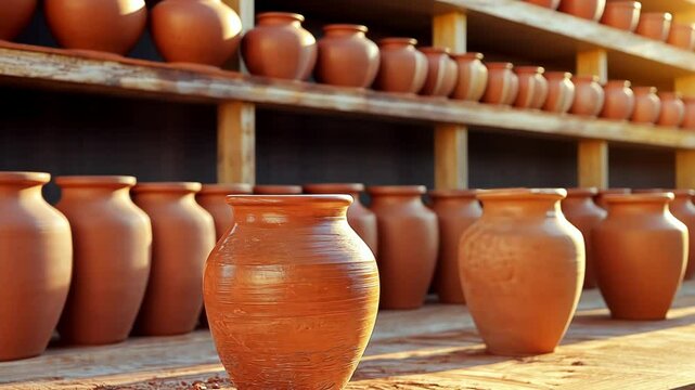 Sunlit terracotta pottery display; various sizes and shapes, rustic setting