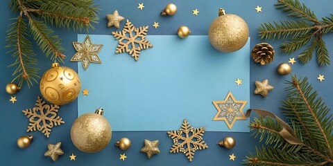 Merry Christmas, festive celebration holiday holidays greeting card with text - Golden ornaments, christmas baubles, frame border decoration, isolated on blue paper table background, top view flat lay