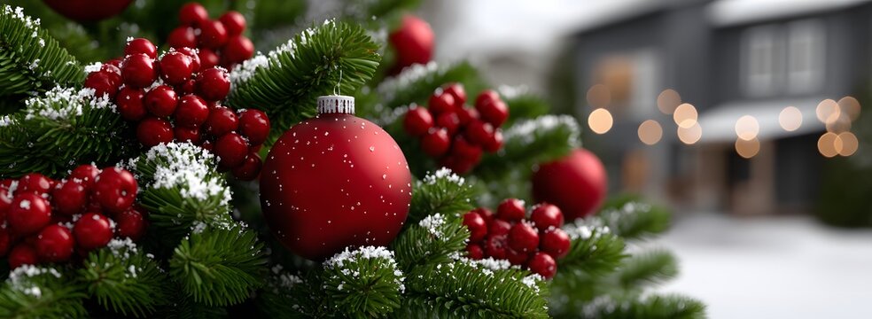 Festive Red Ornament and Berries on a Snowy Christmas Tree Branc