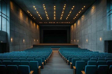 Naklejka premium A large auditorium with blue seats and a stage