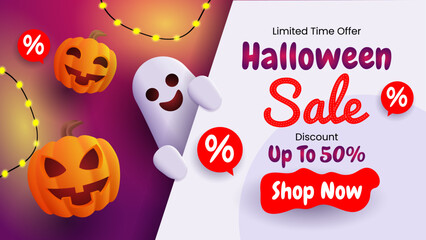 Halloween sale with pumpkins and a ghost.