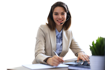 Freelance operator talking with headsets and consulting clients on a transparent background