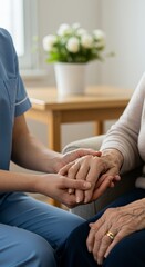 Elderly care nurse holding senior woman hand