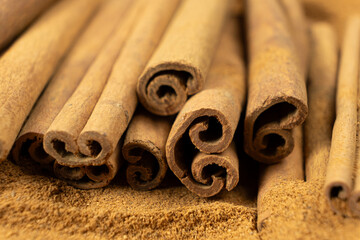Cassia Cinnamon Sticks and Ground Spice Close-Up