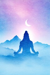Watercolor-style close-up of Mahadev meditating on the Himalayas, soft cosmic light behind, crescent moon glowing on forehead, galaxy sky merging into mountain mist peaceful and divine illustration 