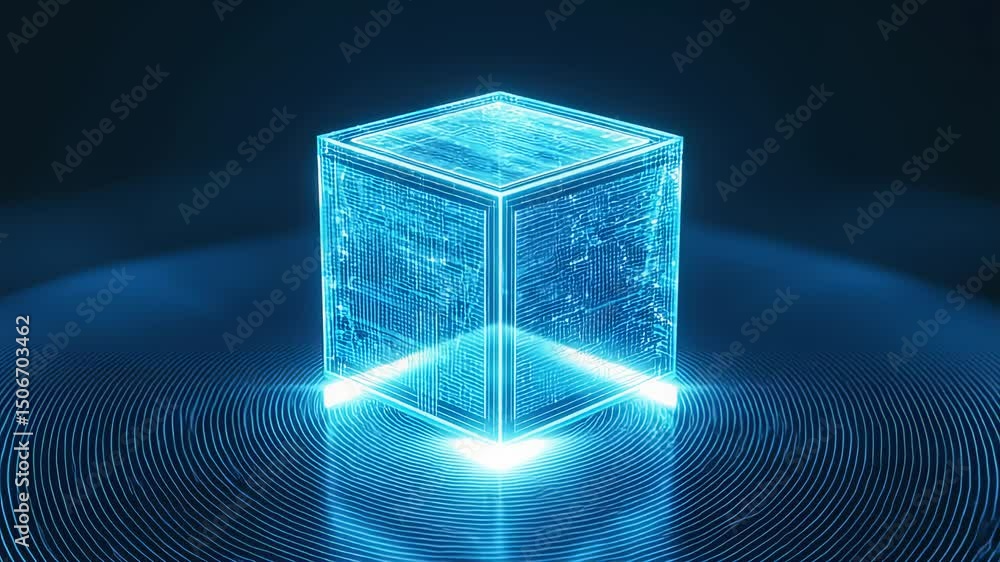 Poster glowing blue data cube animation