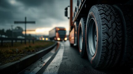 Naklejka premium Big truck driving on a wet highway at dusk with blurry lights