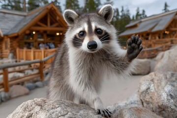 Friendly Raccoon Waving Paw on Rocks in Front of Log Cabin Resor