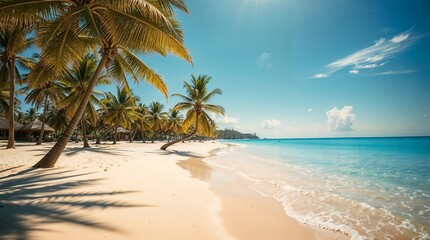 Obraz premium Tropical Paradise: Palm-Lined Beach with Turquoise Water - AI Generated