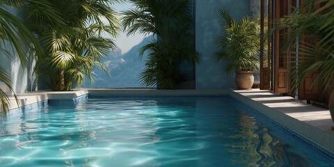 Fototapeta premium Serene backyard pool with lush greenery and mountain view on a sunny day