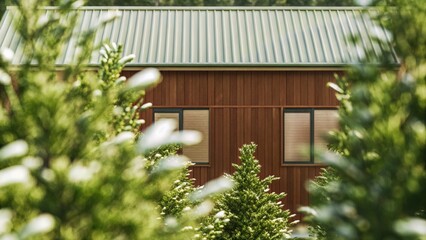 Rustic wooden cabin surrounded by lush greenery.