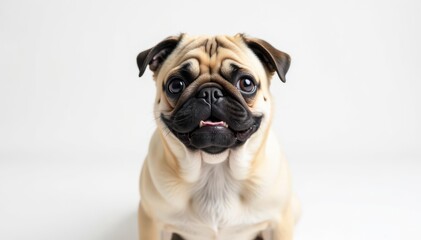 Obraz premium Playful pug looking directly at camera, white backdrop, happy, animal photography