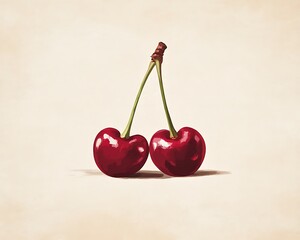 Minimal cherry drawing in vivid red hues, sleek design on a light beige background