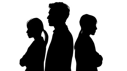 背中合わせに立つ男女3人のシルエット