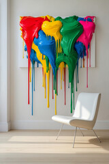 Multicolored paint ing fall from frame on wall