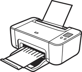A simplistic line drawing of a printer showcasing the paper handling