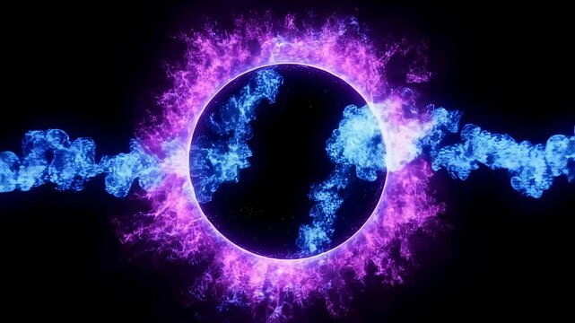 Abstract animation of a glowing orb surrounded by purple and blue flames