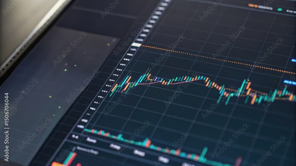 Poster close-up of a digital stock market chart displayed on a tablet, showcasing fluctuating prices and da
