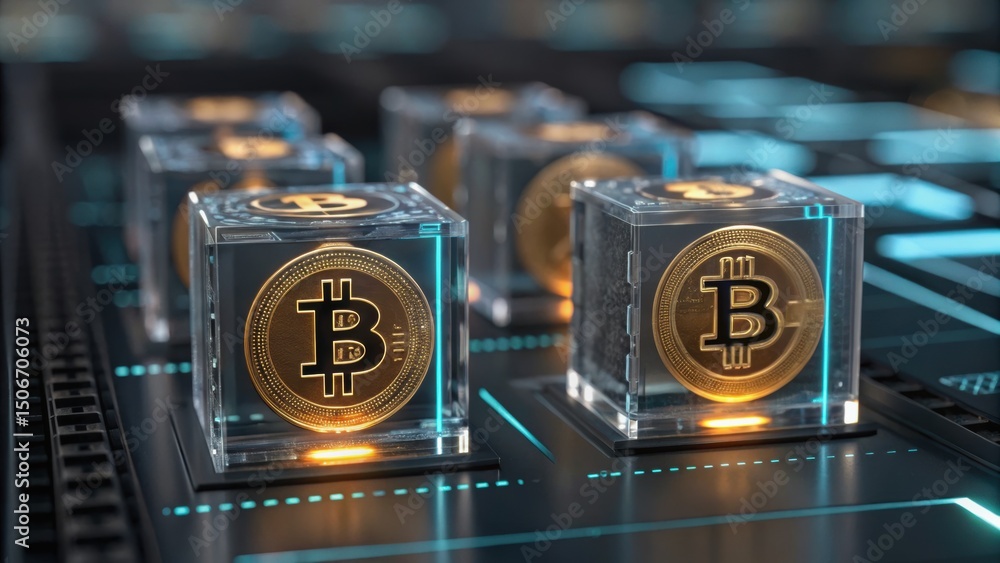Poster digital representation of bitcoin in glass cubes, illuminated on a circuit board, symbolizing crypto