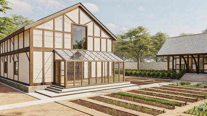 Modern house design with glass elements and landscaped surroundings.