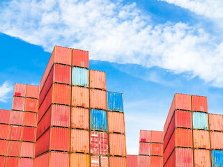 Cargo ship container goods export import international transport on blue sky background, warehouse...