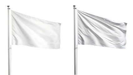 Two white flags on poles waving in the wind against a clean isolated white background for conceptual purposes